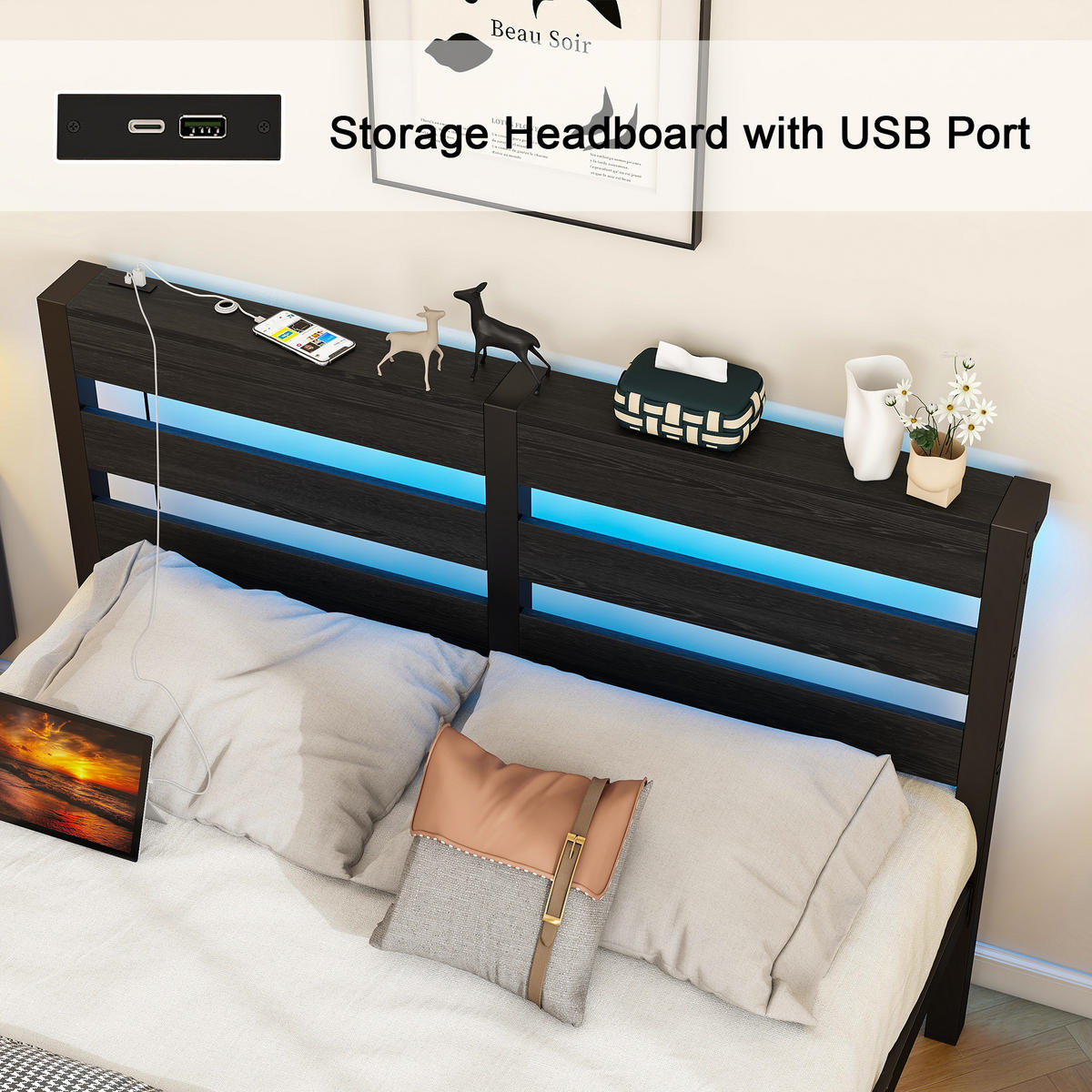 METALLBETT 120x200 cm LED USB Stauraum - Schwarz, Metall (120/200cm) - Fortuna Lai