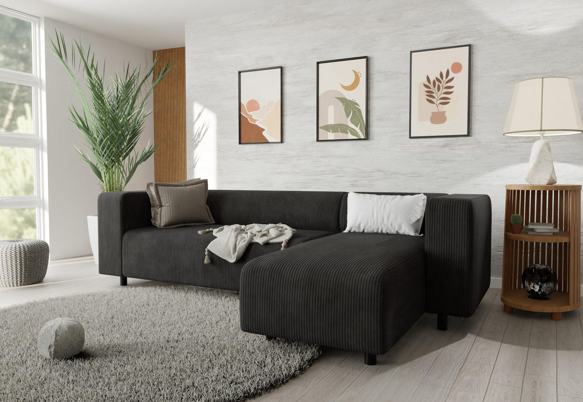 ECKSOFA Tove Schwarz Cord - Ottomane rechts - Schwarz, Holz/Kunststoff (240/142cm) - S-Style Möbel