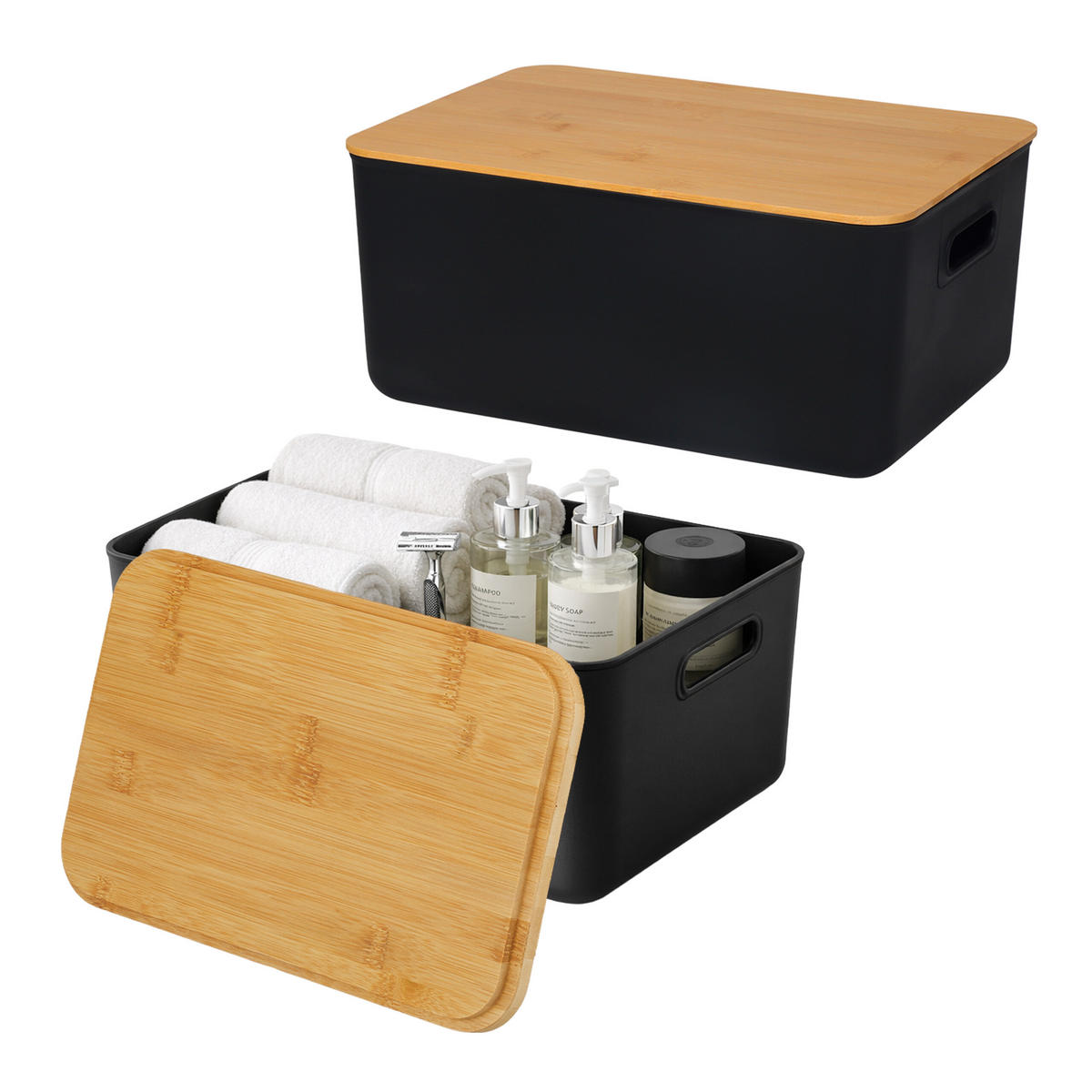 AUFBEWAHRUNGSBOX - Schwarz, Holz/Kunststoff (25/36/16cm) - Relaxdays