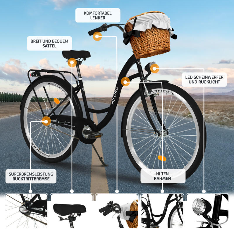 CITY-FAHRRAD Milord mit Weidenkorb, 28 Zoll, Schwarz, 3-Gang - Schwarz, Metall (46cm) - Milordbikes