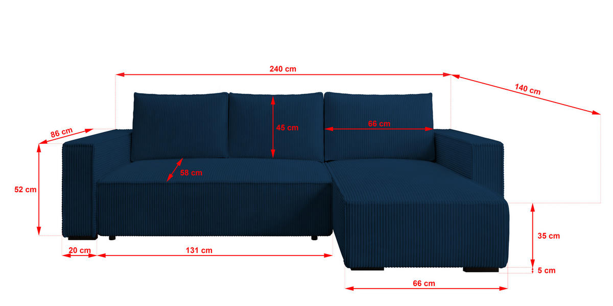 ECKSOFA CUDDY L, Eckcouch in L-Form mit Schlaffunktion und Bettkasten, Farbe: Blau, Cordstoff, Ottomane Rechts - Blau, Textil (240/140cm) - Storez24