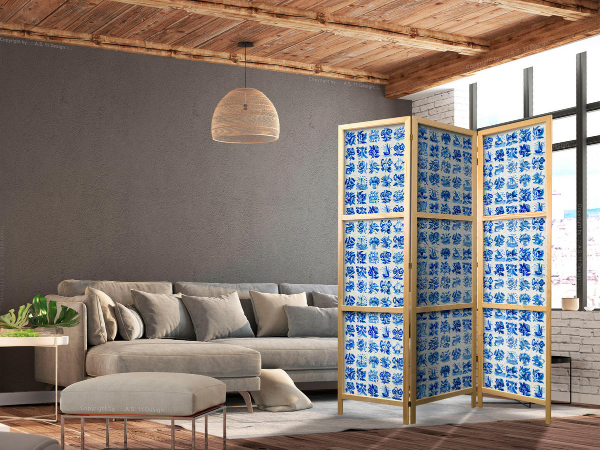 PARAVENT Japanischer 3-tlg 135x172 cm Blaue Fliesen - Blau, Holz/Textil (135/172/3cm) - Muralo