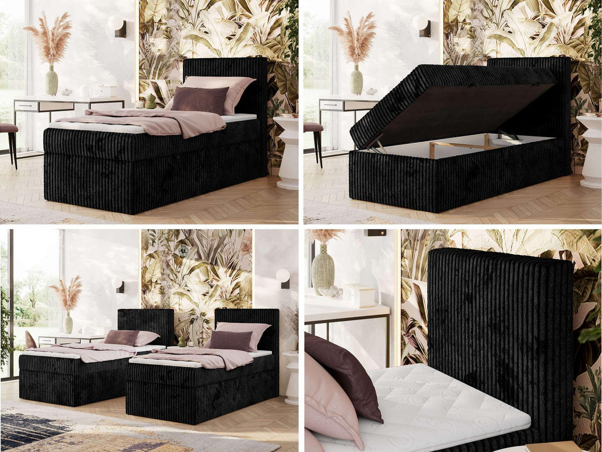 BOXBETT TILIANO 90/200 - Schwarz Cord - H4 - Visco Topper - Rechts - Schwarz, Textil (90/200cm) - MKS