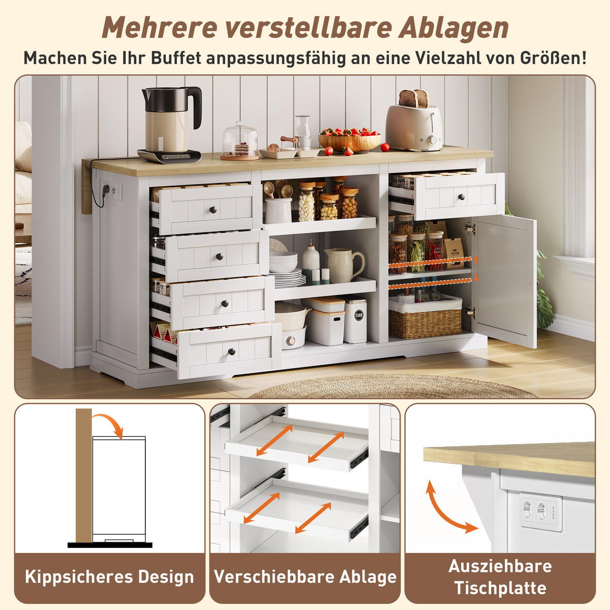 KÜCHENINSEL mit Arbeitsplatte, Schubladen & Stauraum – Weiß/Eiche, 150 cm - Weiß, Holzwerkstoff/Metall (150/75.5/65cm) - Urban Meuble