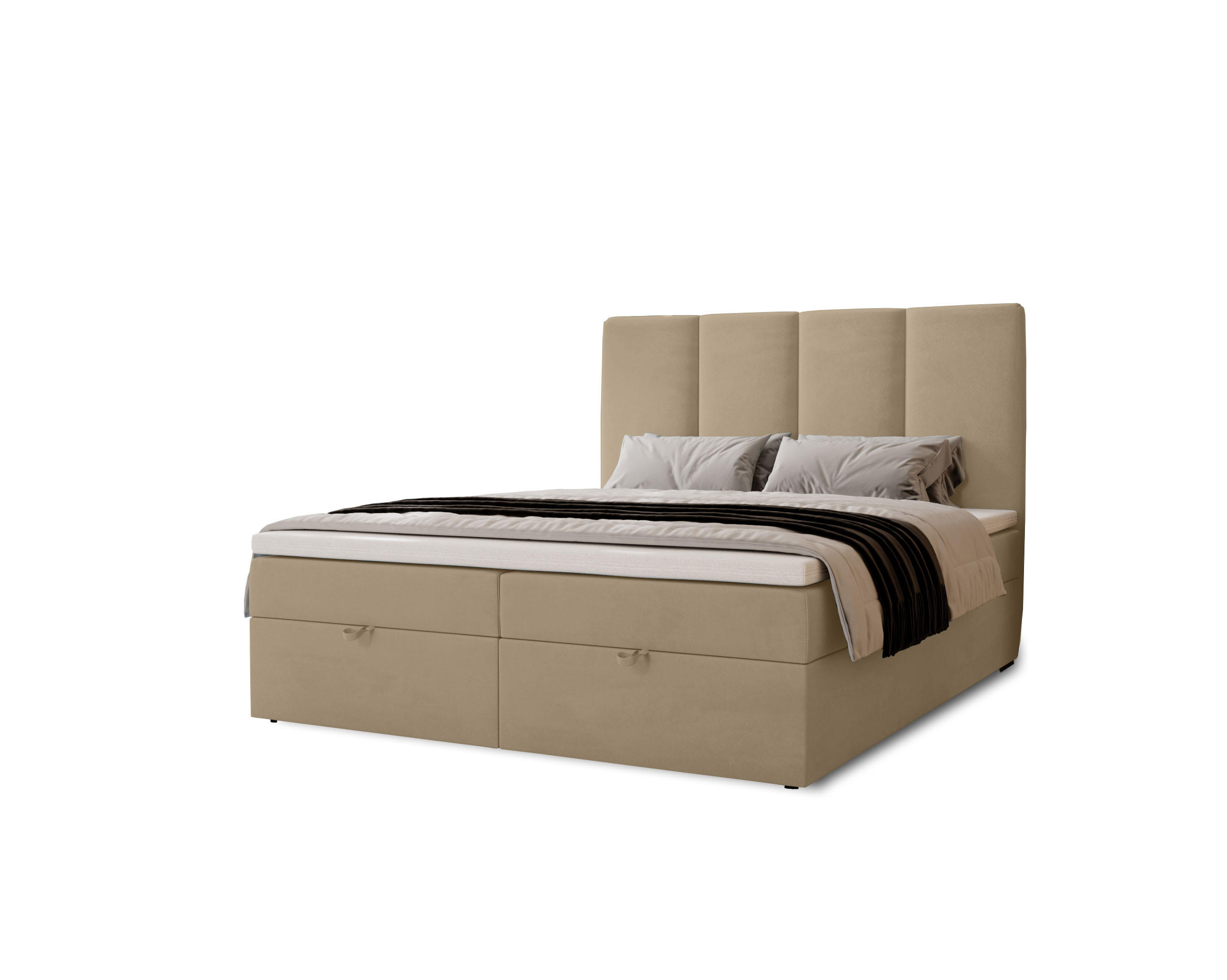 BOXBETT Malmo mit 2 Bettkästen, 140x200, Creme, Velourstoff, Doppelbett mit Bonell-Matratze - Creme, Holz/Kunststoff (140/200cm)