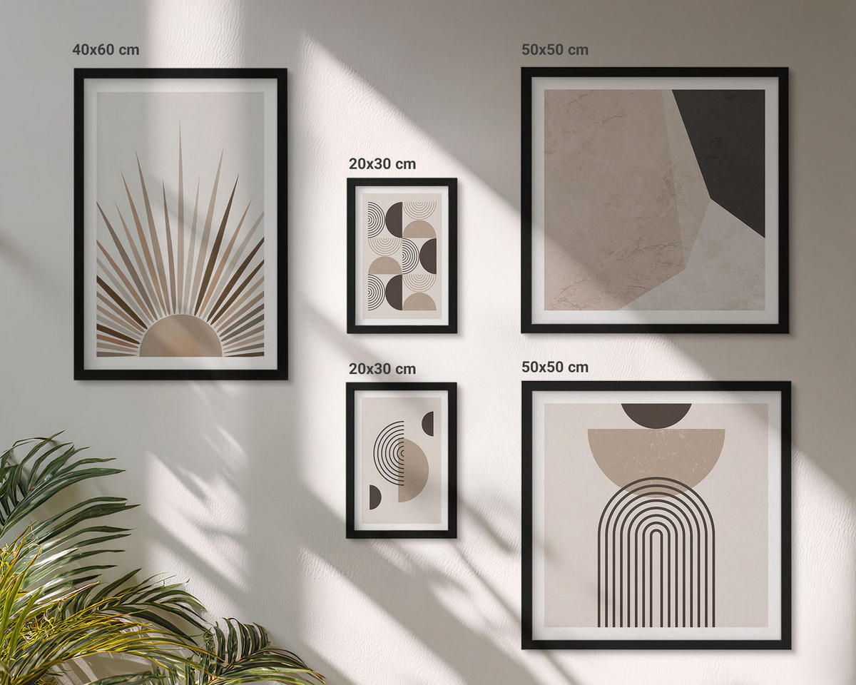 WANDBILDER 5er-Set - 50x50 cm & 20x30 cm & 40x60 cm Schwarzer Rahmen - Abstrakte beige und braune Formen - Schwarz, Kunststoff (40/60cm) - ArtPrintCave