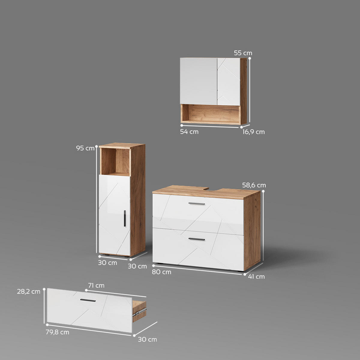 BADMÖBEL-SET Ronco Weiß Hochglanz/Goldkraft Eiche 3 Teile, mit Midischrank - Weiß Hochglanz/Eiche Wotan, Holzwerkstoff (54/55/41cm) - Livinity®