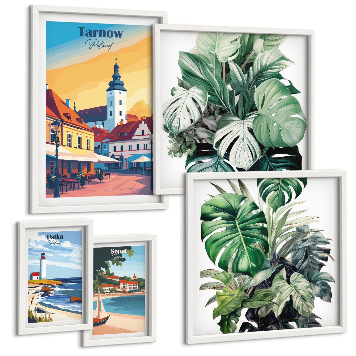 BILDER SET 5er Set - 50x50 cm & 20x30 cm & 40x60 cm Weißer Rahmen - Stadt- und Naturlandschaften - Weiß, Kunststoff (40/60cm) - TULUP