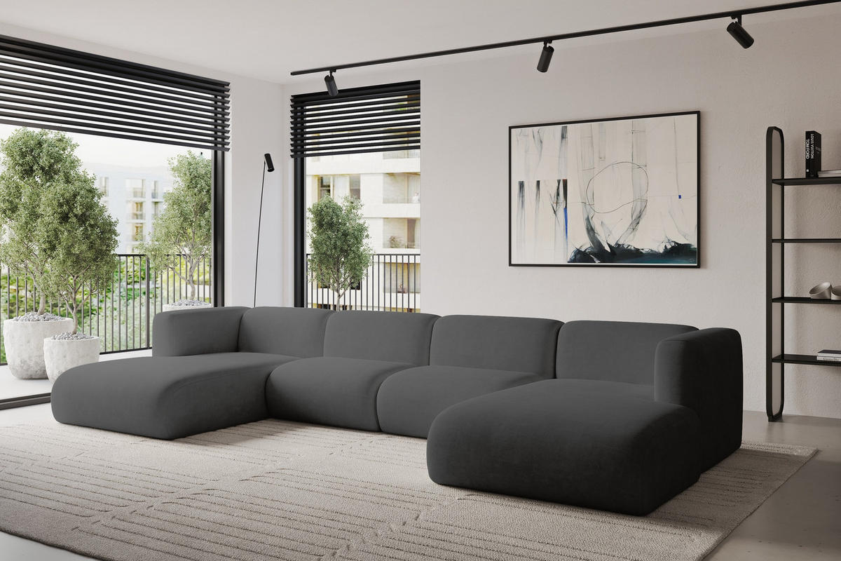 WOHNLANDSCHAFT MIRA-U2 408x179x70 Dunkelgrau Velours - Dunkelgrau/Schwarz, Holzwerkstoff/Kunststoff (408/70/179cm) - ALTDECOR