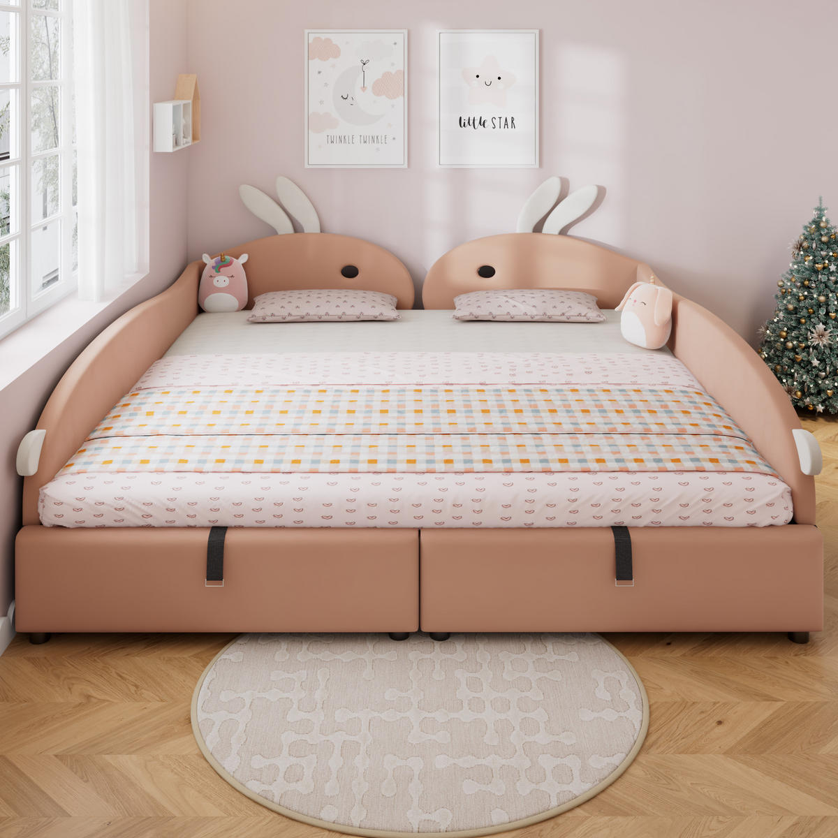 POLSTERBETT 90/200 cm Rosa + Weiß mit Häschen-Kopfteil und hydraulischem Stauraum aus Samt - Dunkelrosa, Textil (90/200cm) - OKWISH