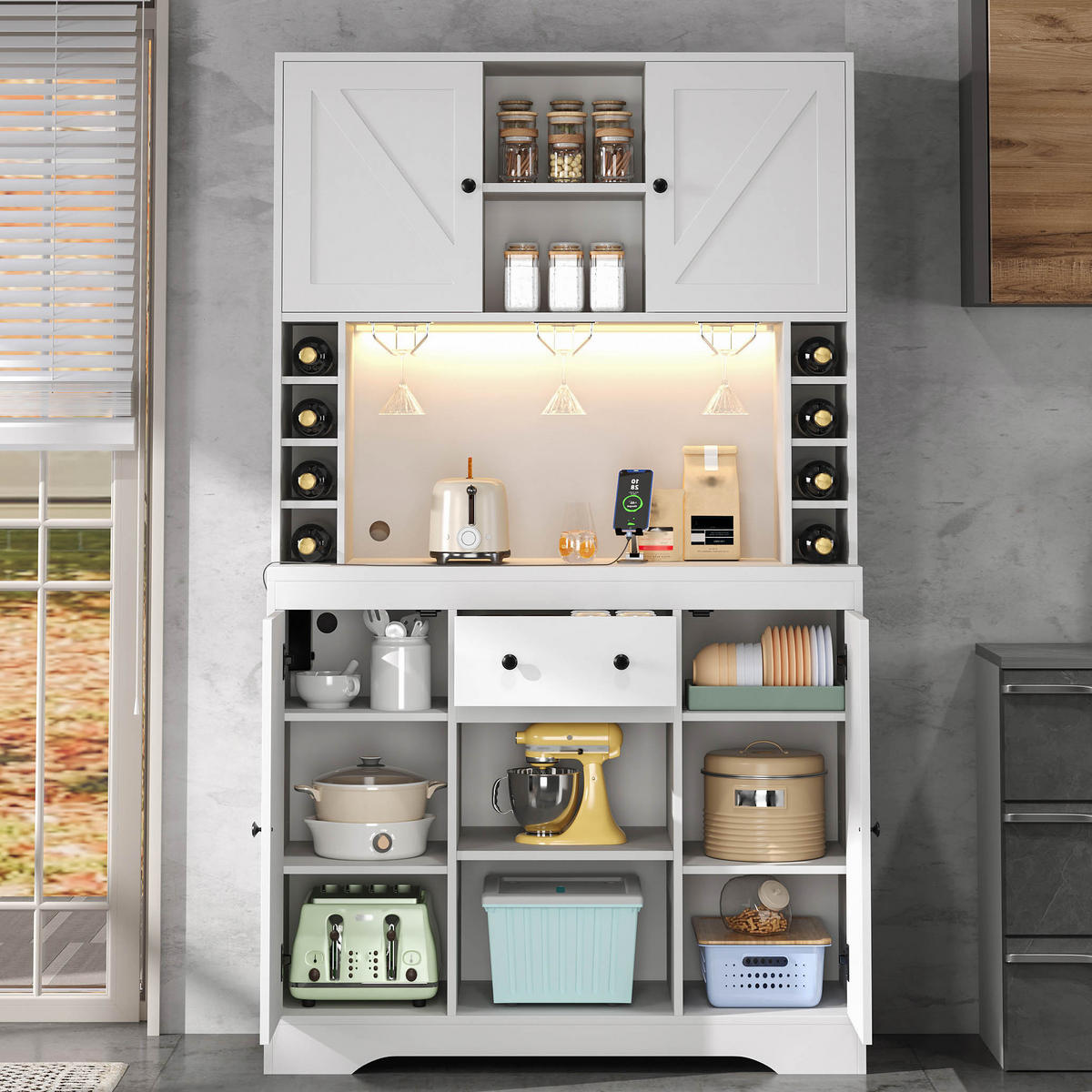 BUFFET 105/39/180 cm Weiß mit 1 Schublade, Weinflaschenfächern und farbwechselnder LED-Beleuchtung - Weiß, Holz (105/180/40cm) - Oxeza