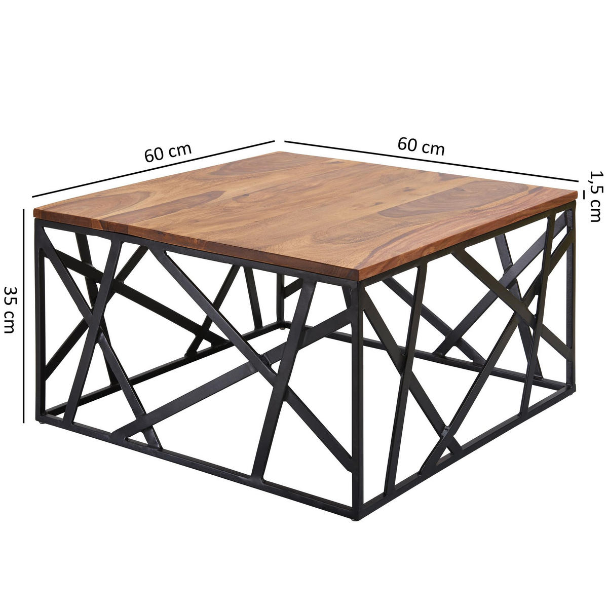 COUCHTISCH Industrial Stil, Sheesham Holz, Schwarzes Metallgestell, 60x60 cm - Schwarz/Braun, Holz/Metall (60/60/35cm) - KADIMA DESIGN