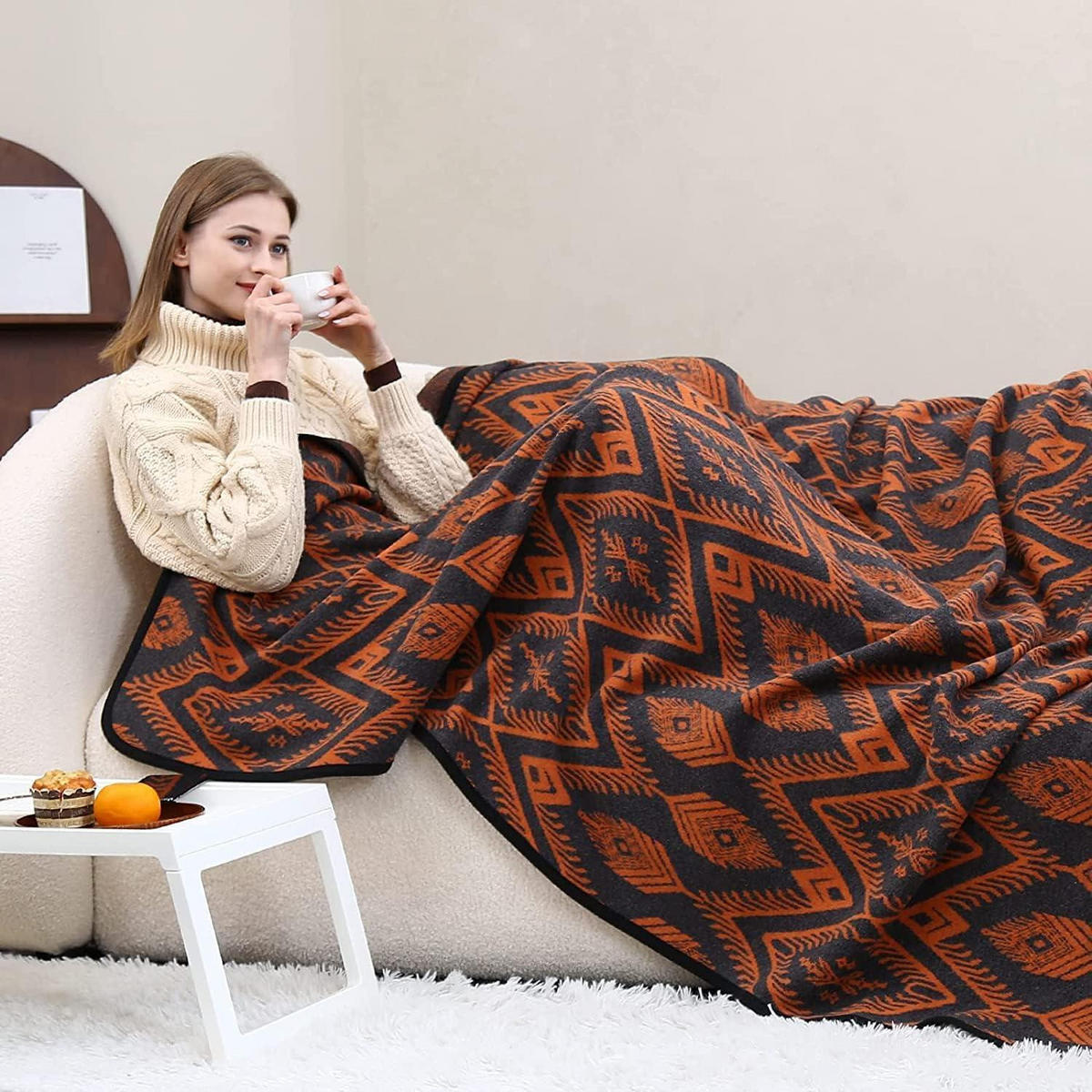 WOHNDECKE Merino 160 x 220 cm Boho Orange - Multicolor, Textil (160/220cm)
