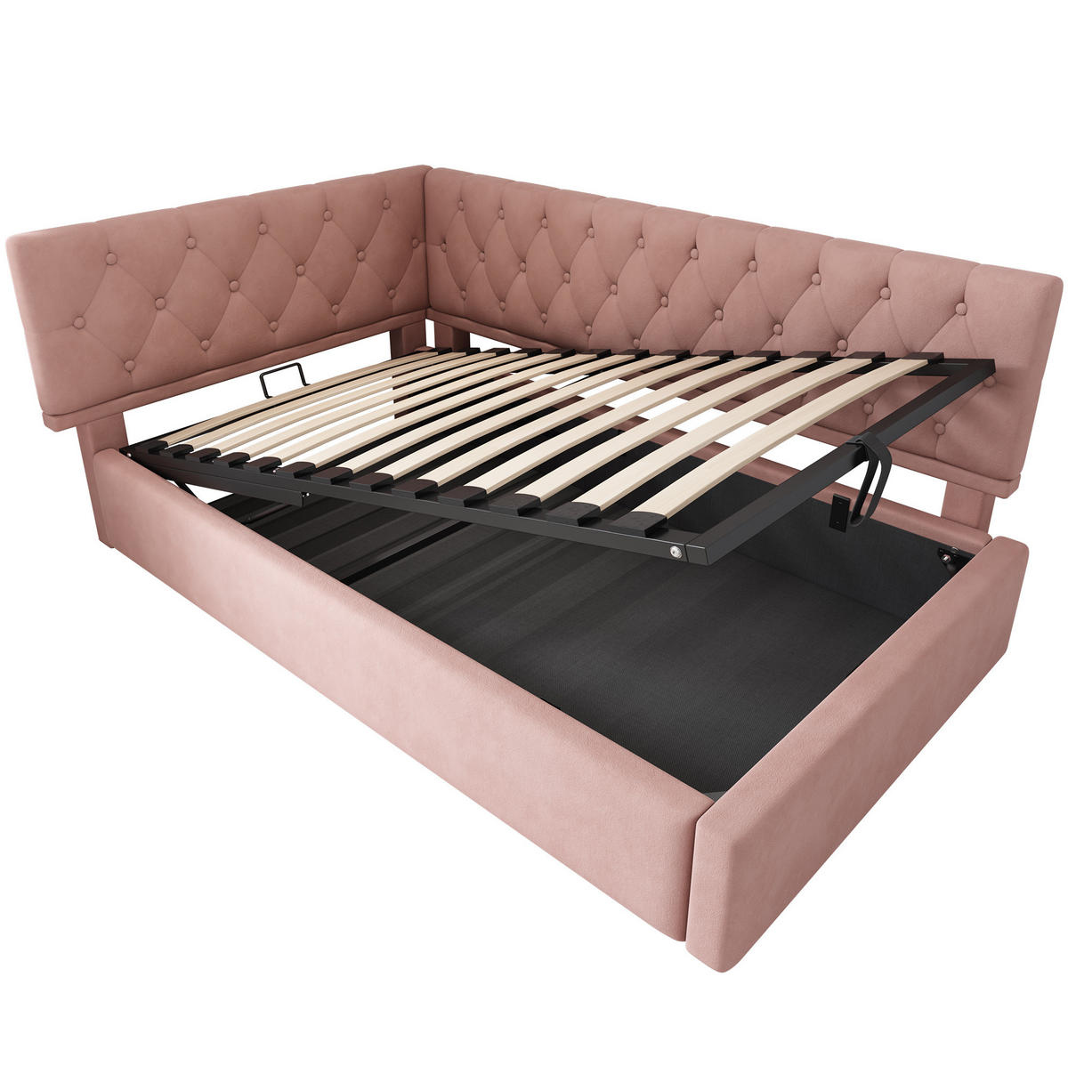 POLSTERBETT 90/200 cm mit hydraulischem Bettkasten, L-förmiges Kopfteil, Rosa - Rosa, Textil (90/200cm) - Redom