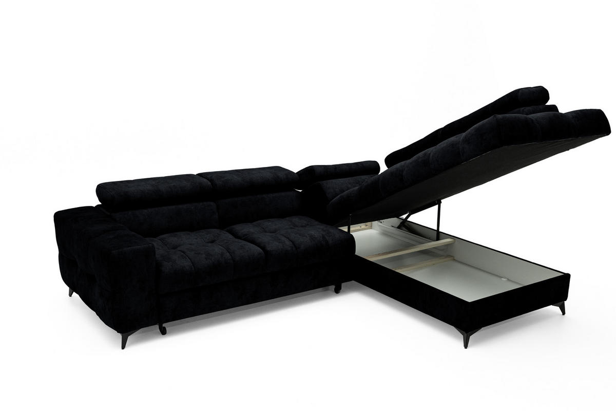 ECKSOFA PUDDING L Rechts mit Schlaffunktion 128x197 Velours Schwarz - Schwarz, Holz/Textil (204/270cm) - Muffo