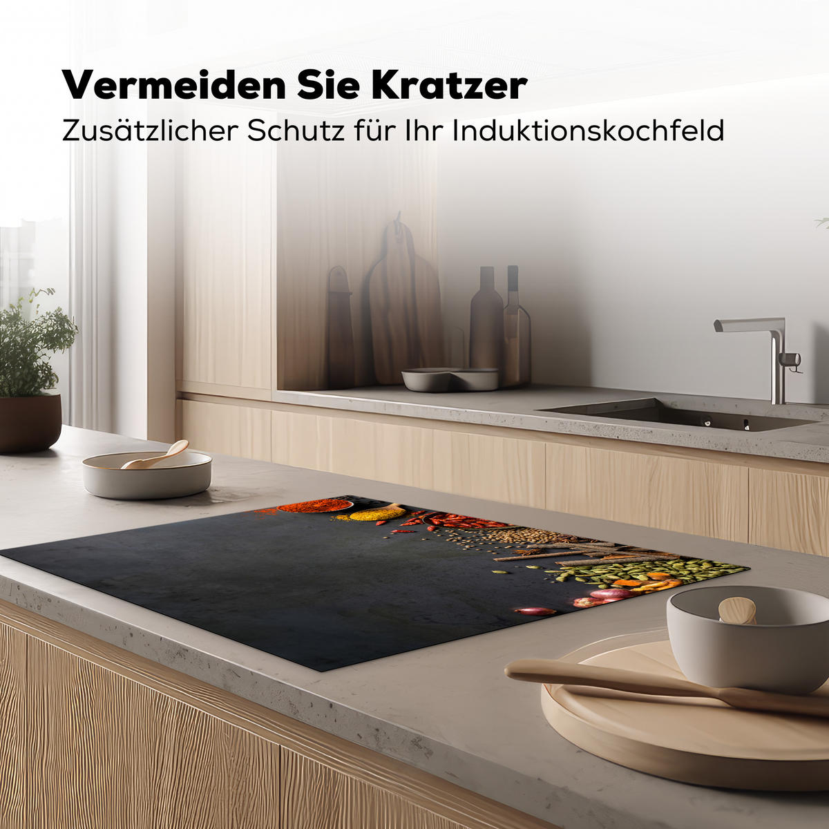 HERDABDECKPLATTE Kräuter - Lebensmittel - Gewürze - Schwarz - Paprika - Zimt Induktionsmatte 77x59 cm - Currygelb, Kunststoff (77/59/0.2cm) - MuchoWow