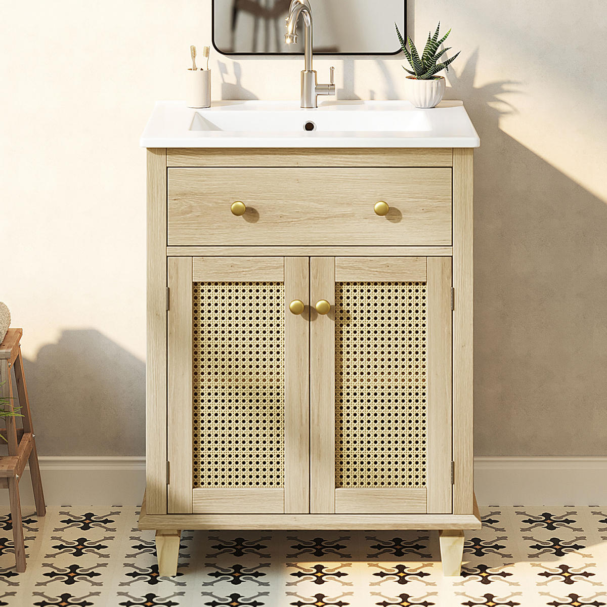 BADEZIMMERSCHRANK Rattan Türen Klappschublade Verstellbare Böden 61cm - Naturfarben, Keramik (61/87/47cm) - FLIEKS