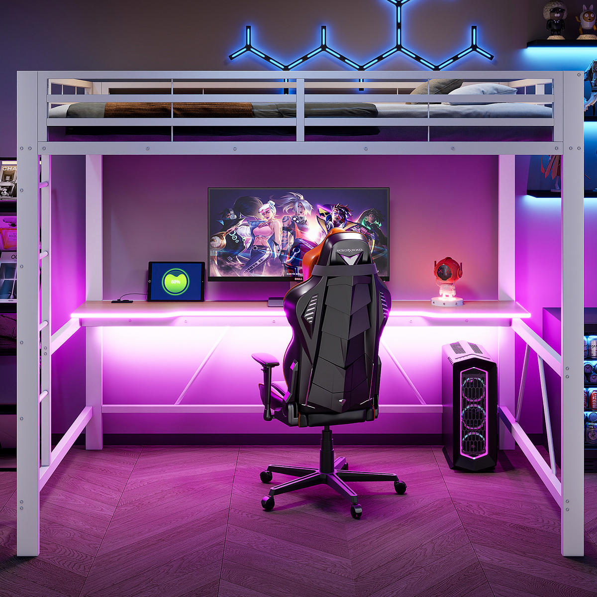 HOCHBETT 140/200 cm in Weiß mit Schreibtisch, LED und USB - Weiß, Holzwerkstoff/Metall (140/200cm) - WISHDOR
