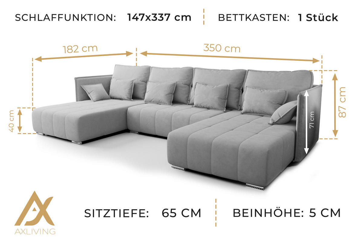 WOHNLANDSCHAFT Florinna Schwarz 345/182/87 cm mit Schlaffunktion - Chromfarben/Schwarz, Textil/Metall (345/87/182cm) - AX Living