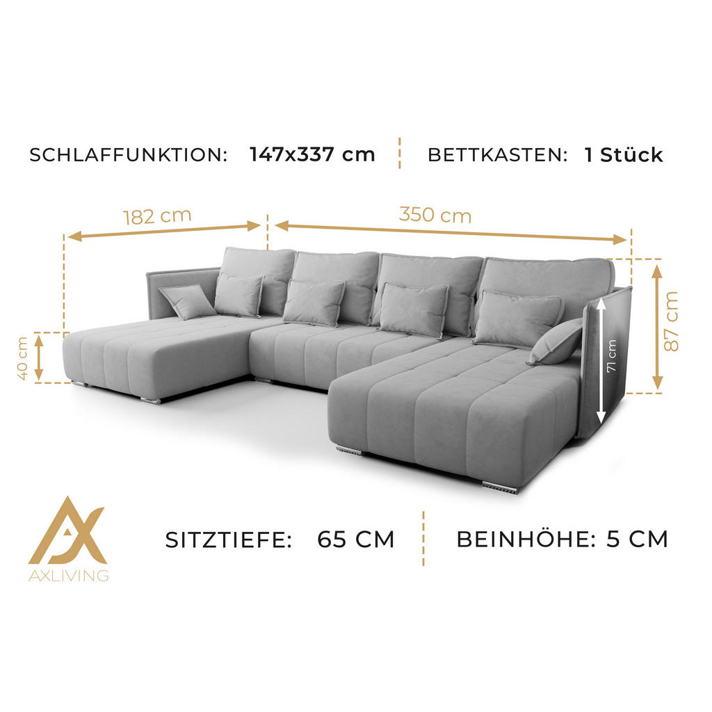 Thumbnail - AX Living Wohnlandschaft, Dunkelblau, Textil, Uni, 4-Sitzer, Füllung: Polyurethan (Pur), U-Form,Rechteckig, kugelförmig,...