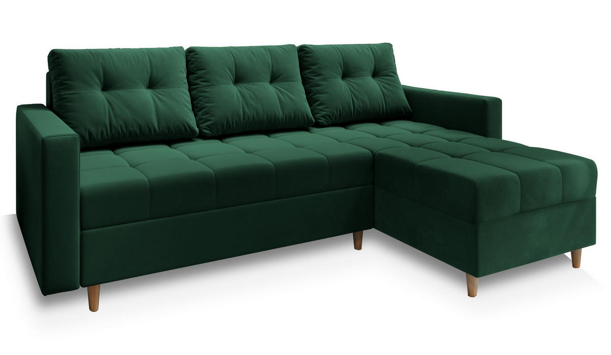 ECKSOFA MILO L Grün Plüsch-Stoff mit Schlaffunktion - Grün, Holz (220/140cm) - MASSENO