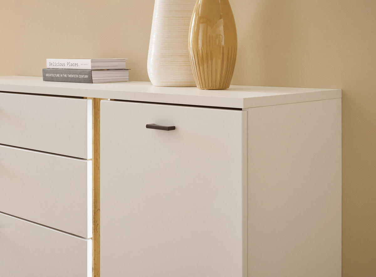 SIDEBOARD weiß matt, Eiche Wotan 150 cm, Kommode inklusive Frontbeleuchtung - Silberfarben/Eiche Wotan, Holzwerkstoff/Kunststoff (150/86/42cm) - Furn.Design