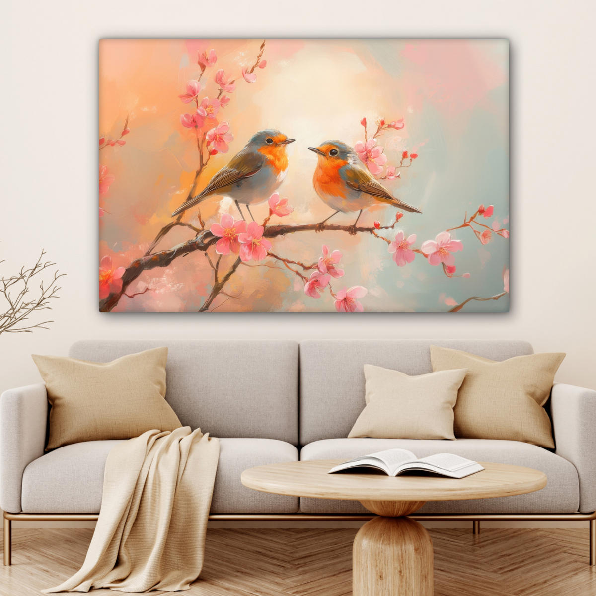 LEINWANDBILD Rotkehlchen - Zierpflanze - Blütenzweig XXL 150x100 cm - Hellrosa, Textil (150/100cm) - MuchoWow