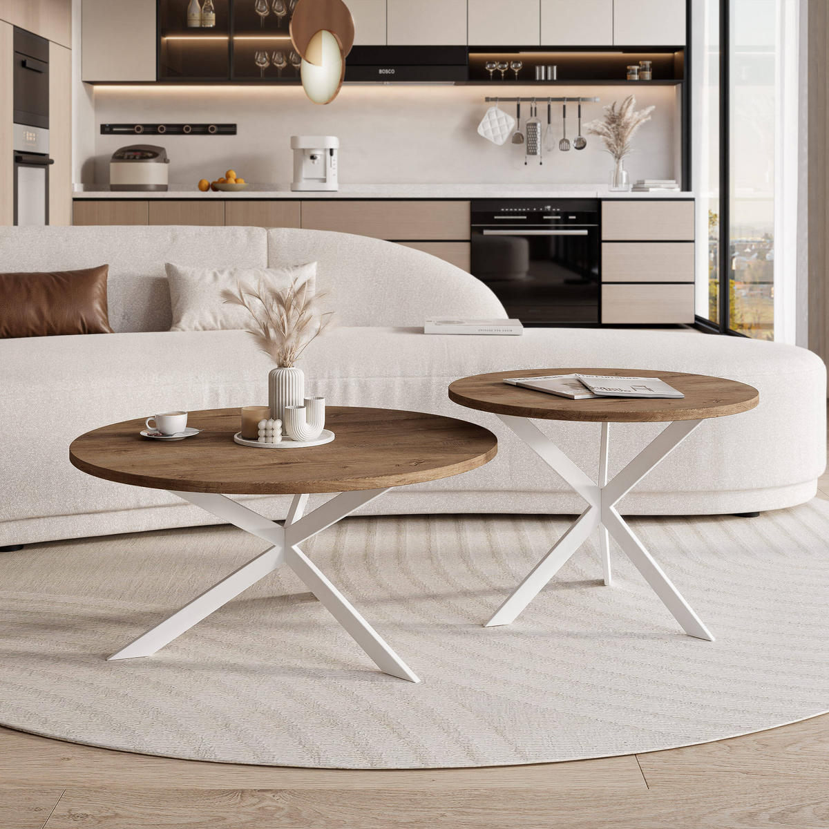 COUCHTISCH rund auf MDF, Lefkas Eiche - Braun/Weiß, Holzwerkstoff (75/75/36cm) - Idohome