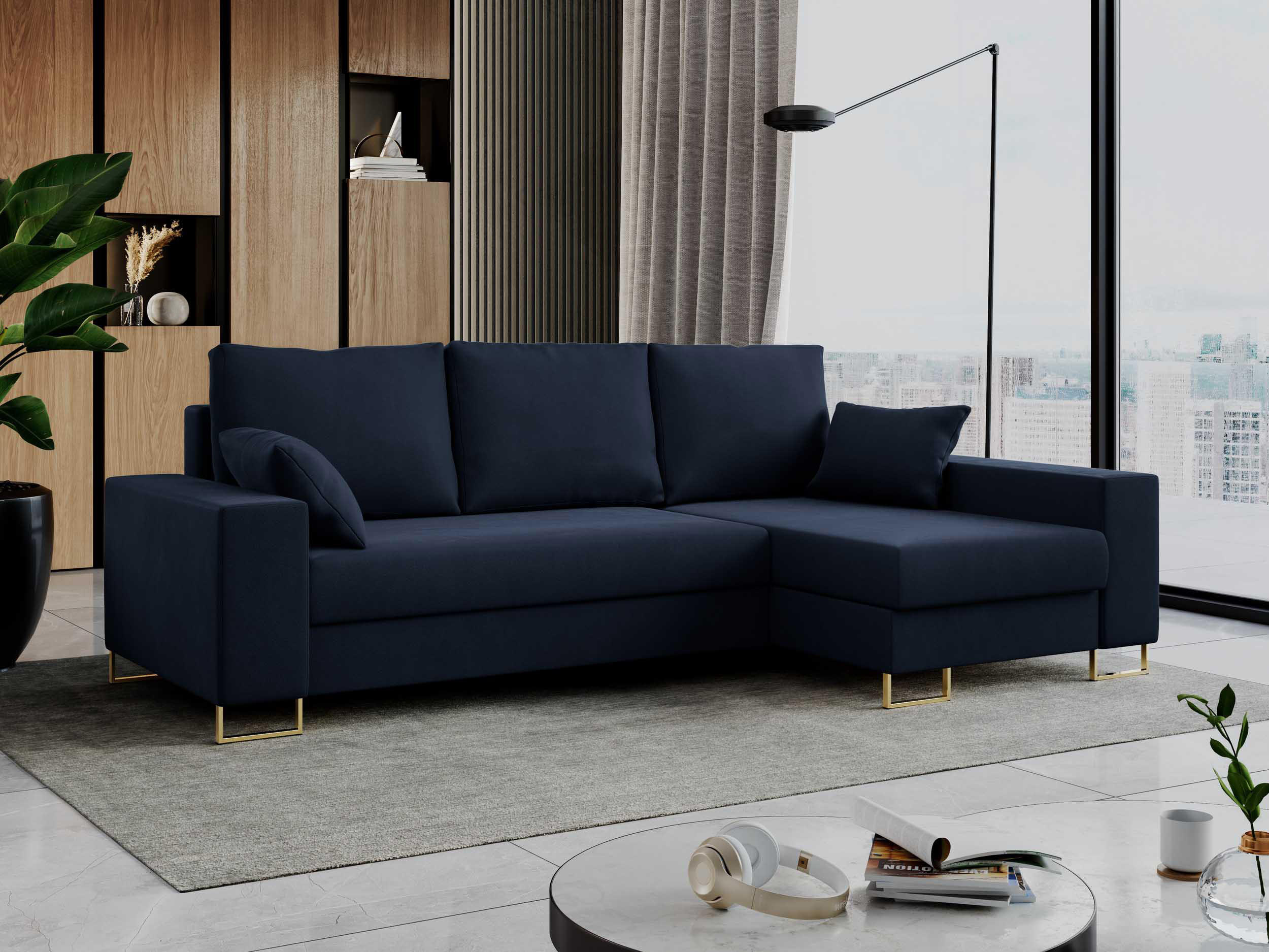 ECKSOFA Dorian Velvet Dunkelblau - Goldfarben/Dunkelblau, Textil/Metall (242/138cm) - MKS