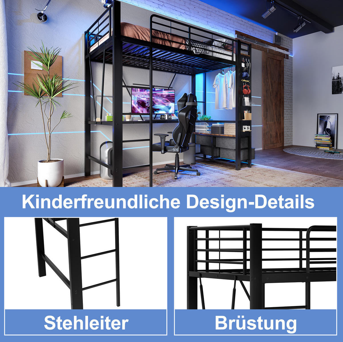 HOCHBETT aus Metall und MDF 90x200 cm Schwarz mit Schreibtisch, LED-Leiste, USB-C und 4 Schubladen - Schwarz, Metall (90/200cm) - IVMEU