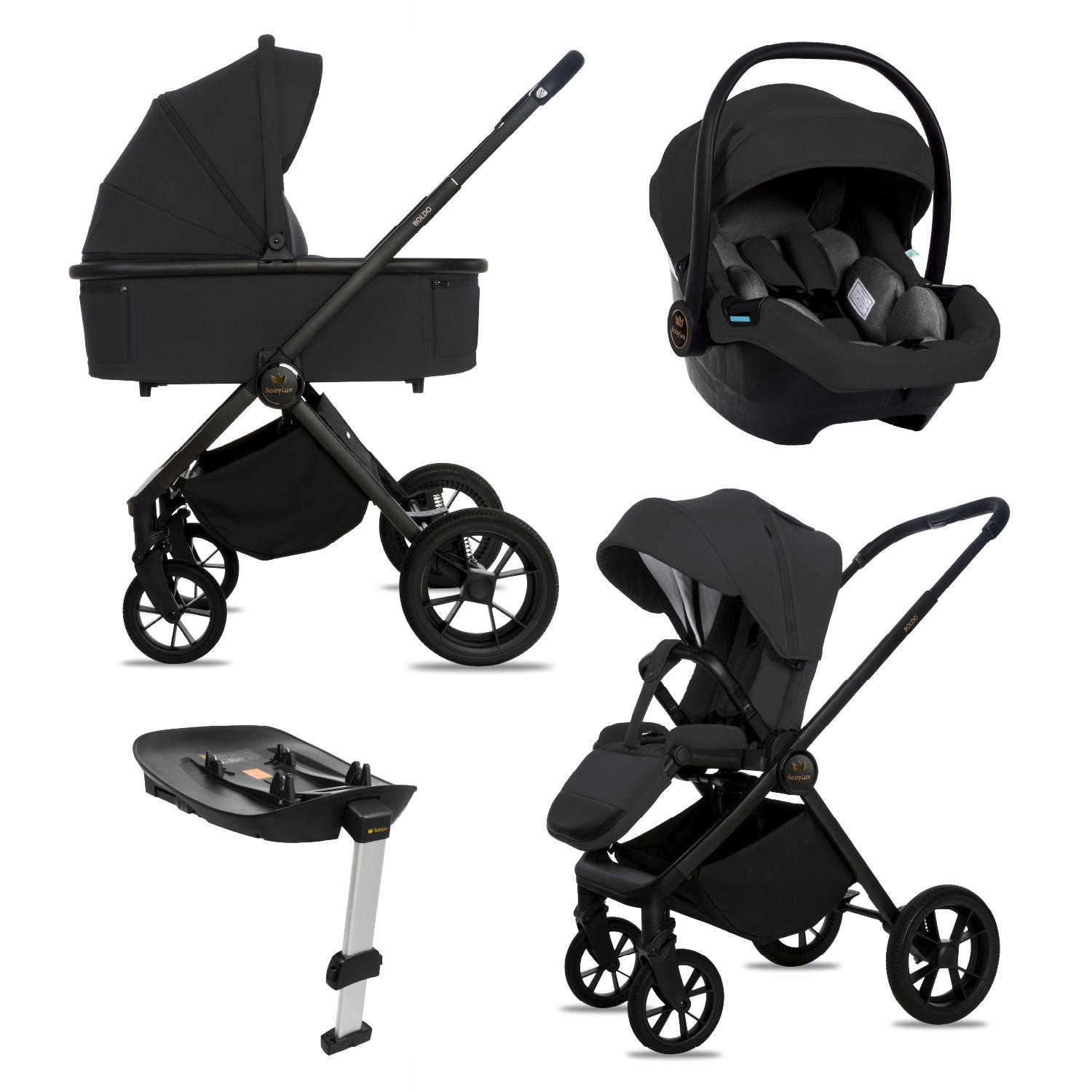 KINDERWAGEN Boldo 4in1 Schwarz Babywanne, Reisebuggy, Autositz, Isofix Basis - Schwarz, Textil/Metall (58/98cm) - BabyLux