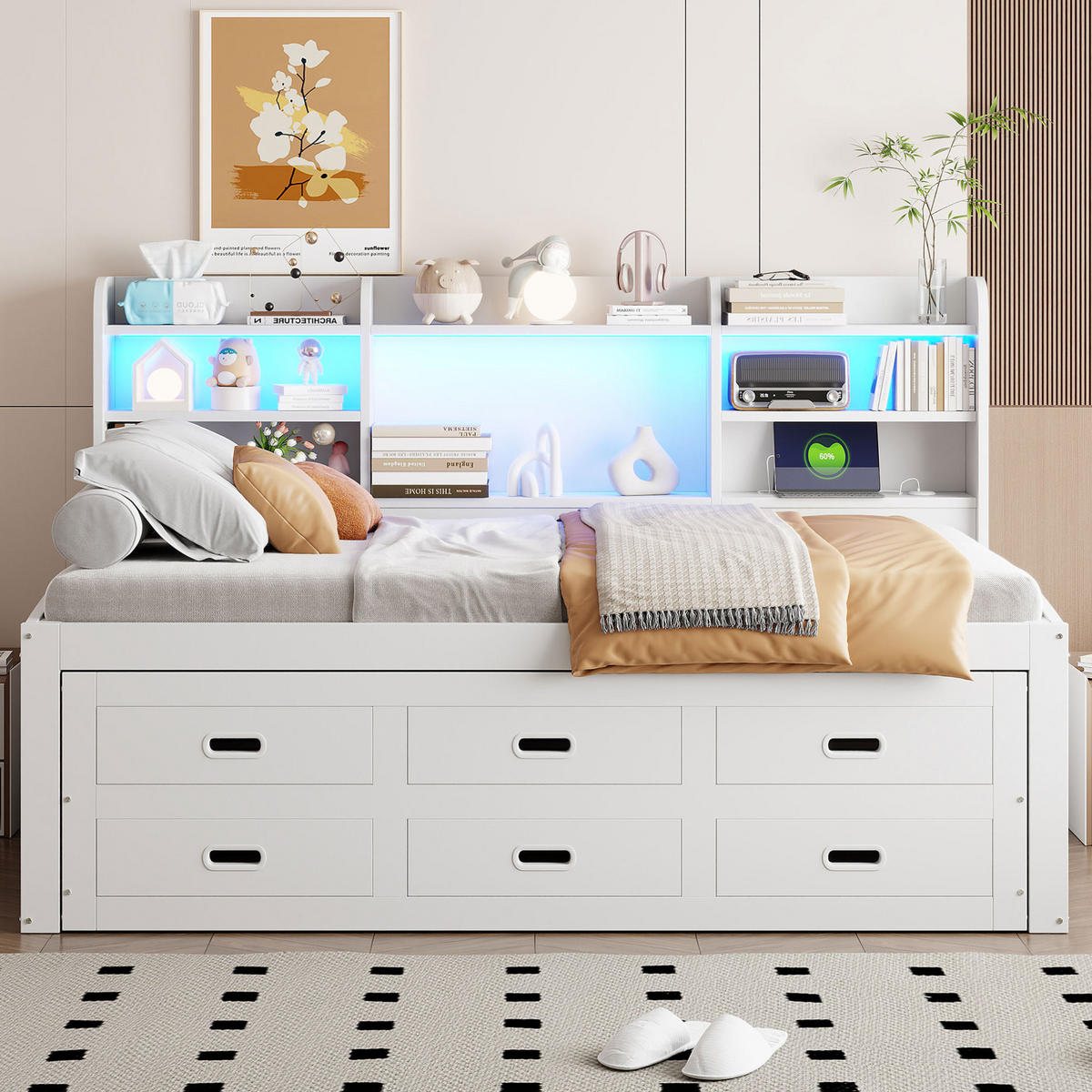 KREVET na izvlačenje 90/200 cm bijeli od iverala s LED rasvjetom, USB i 3 ladice - bijela, drvni materijal (90/200cm) - OKWISH