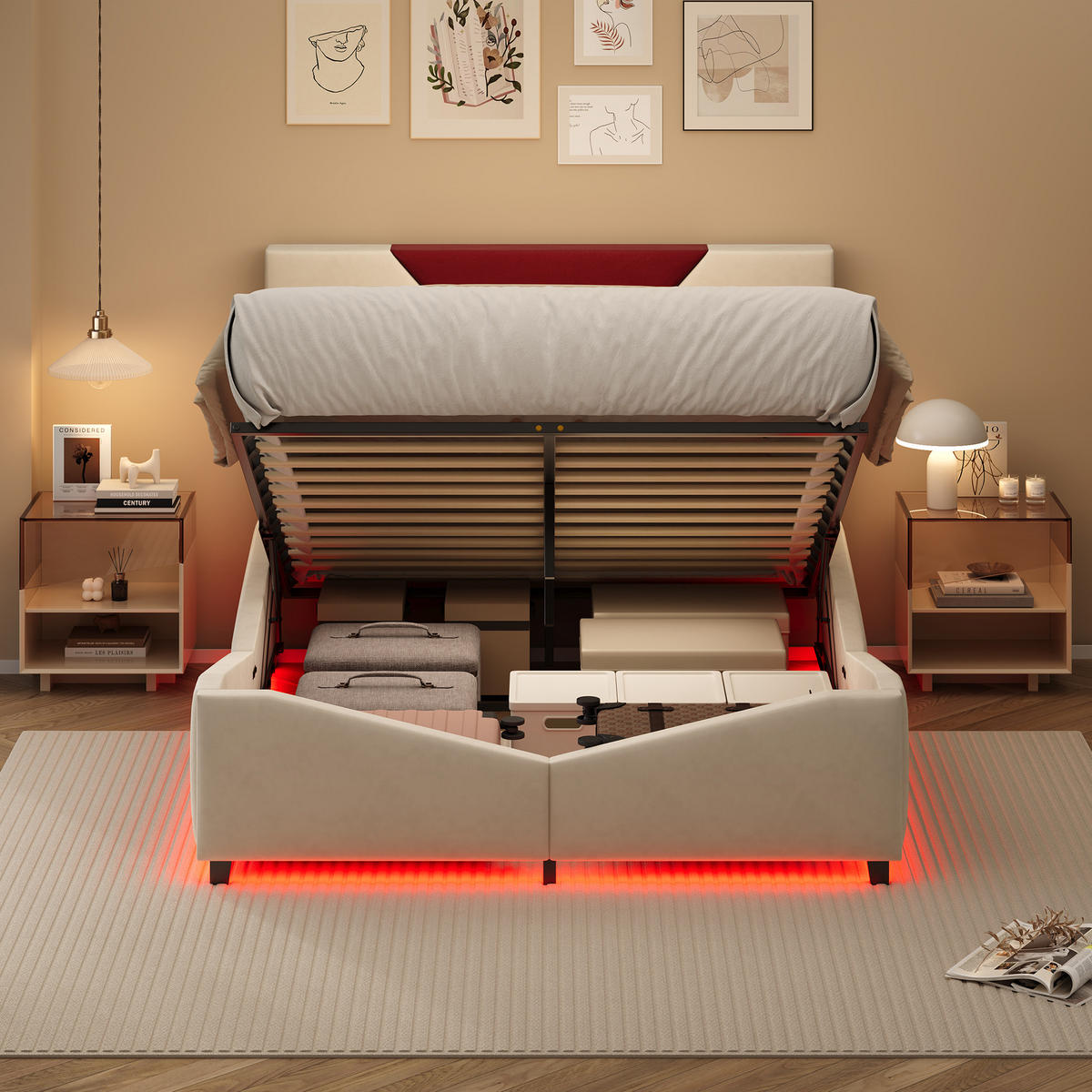 POLSTERBETT 140x200 cm - Zweifarbiges Dreiecksdesign in Bordeaux, LED-Kopfteil ajustable, Samtstoff, Moderner und schlichter Stil - Beige - Beige, Holzwerkstoff (140/200cm) - Brevoria