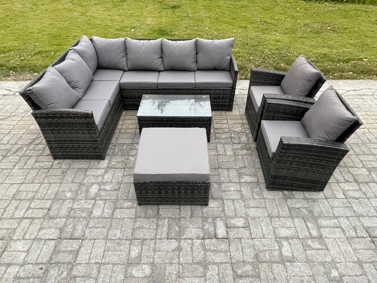 SITZGRUPPE mit Ecksofa,Länglicher Couchtisch ,Hocker,2 Stühle Polyrattan 9-Sitzer - Dunkelgrau/Grau, Glas/Kunststoff - Fimous