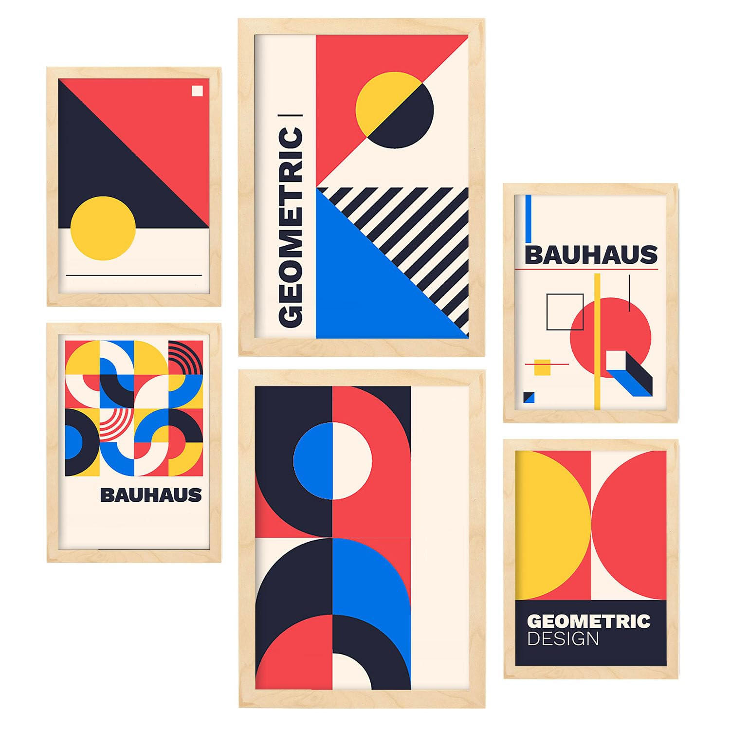POSTER Set Mit 6 Drucken Im Bauhaus 5 Geometrische Designkollektion Drucke Mit Ästhetische Dekorative Für Zuhause A3 & A4 Rahmen Aus Hellem Holz - Beige, Papier (29/3cm) - Nacnic