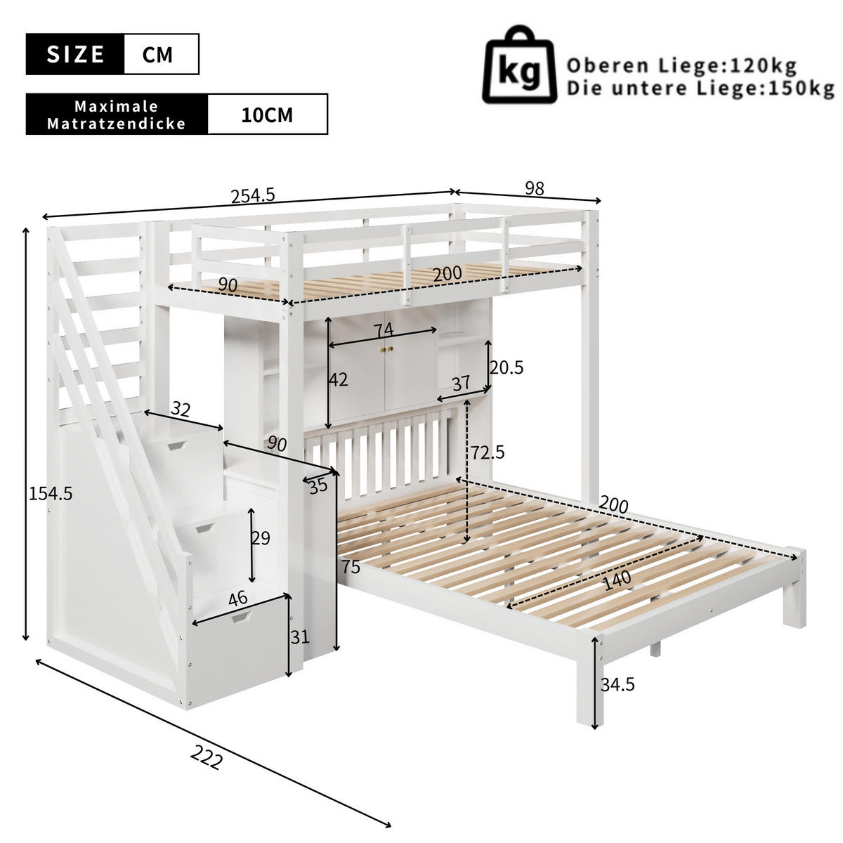 ETAGENBETT 90/200 cm und 140/200 cm weiß aus Massivholz und MDF mit Stauraumtreppe - Weiß, Holz (90/200cm) - OKWISH
