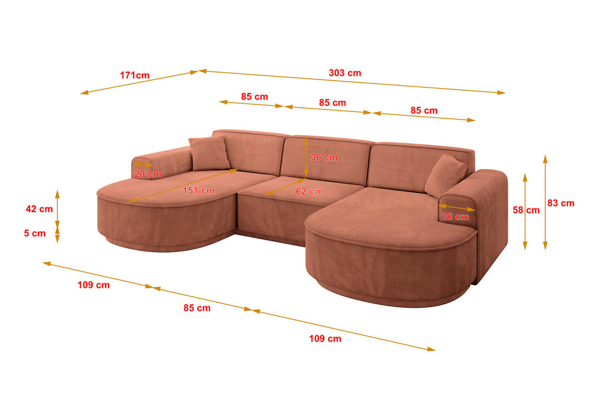 WOHNLANDSCHAFT MARI-U1-v3 - 303x171x83 cm Koralle Velours - Koralle/Schwarz, Holzwerkstoff/Kunststoff (303/83/171cm) - ALTDECOR