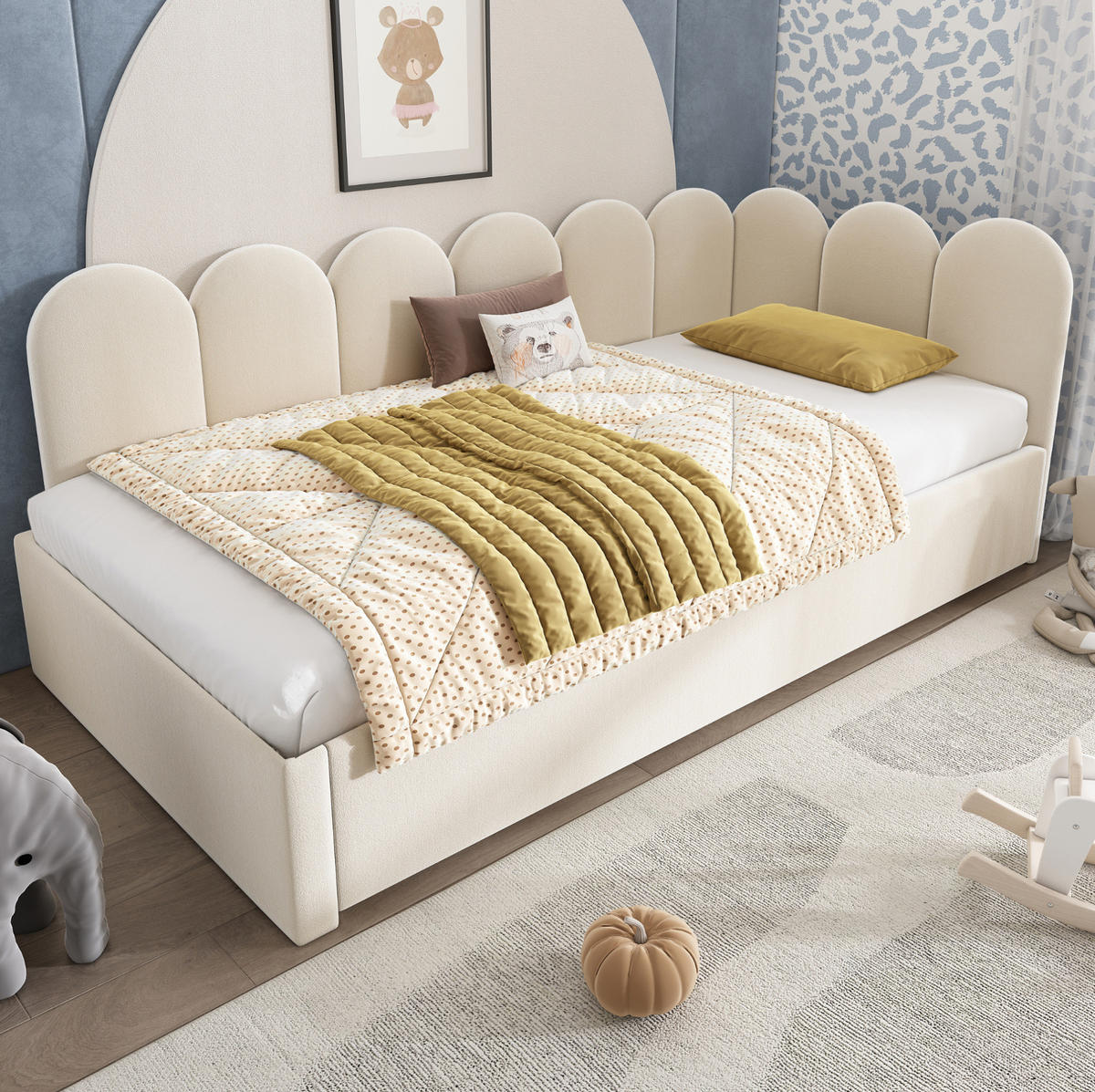 TAGESBETT mit Ausziehbett 90/200 cm aus Samt Beige mit kinderfreundlichem Gitter-Design - Beige, Textil (90/200cm) - OKWISH