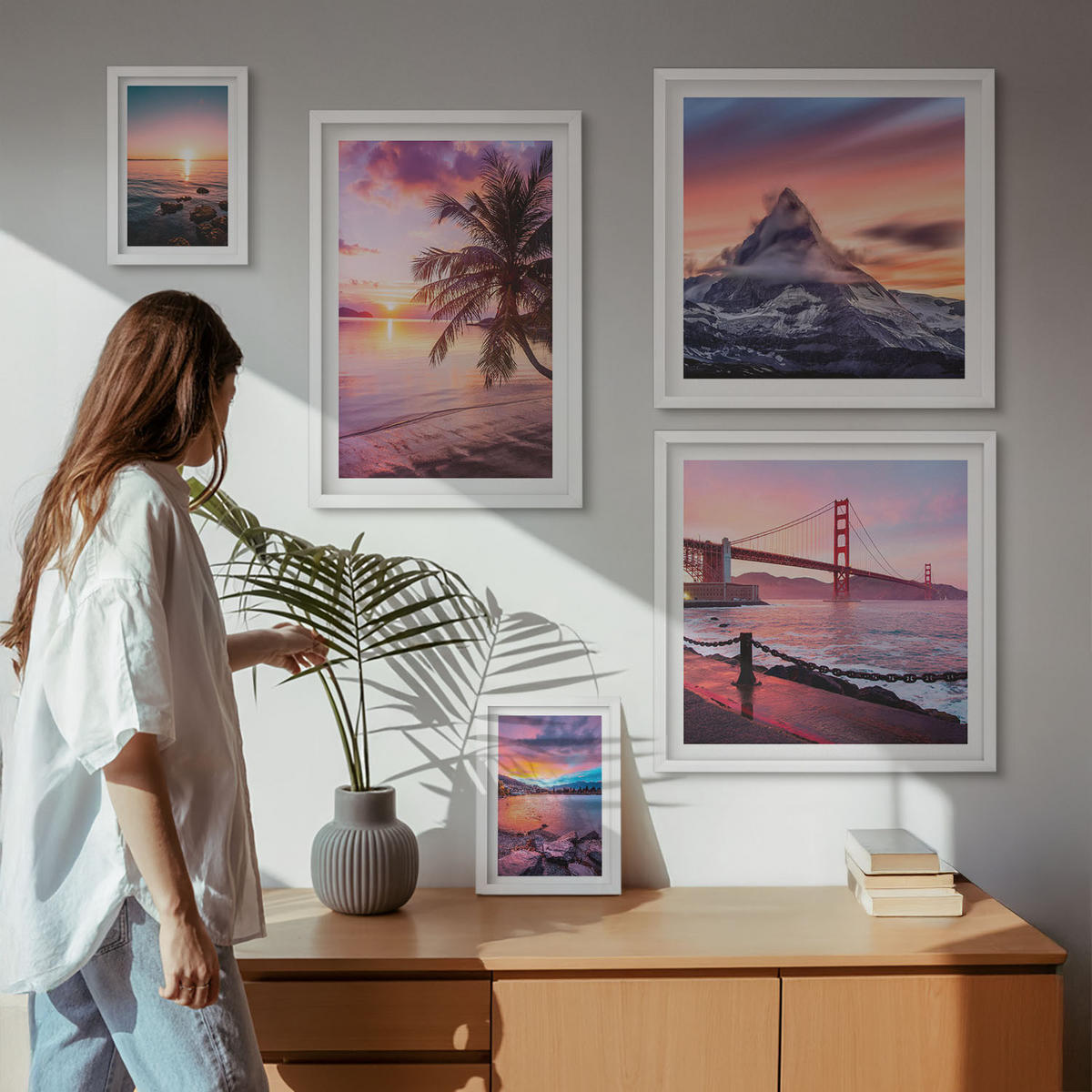 WANDBILDER 5er-Set - 50x50 cm & 20x30 cm & 40x60 cm Weißer Rahmen - Rosen, Champagner, Marmor, Pastell - Weiß, Kunststoff (40/60cm) - ArtPrintCave