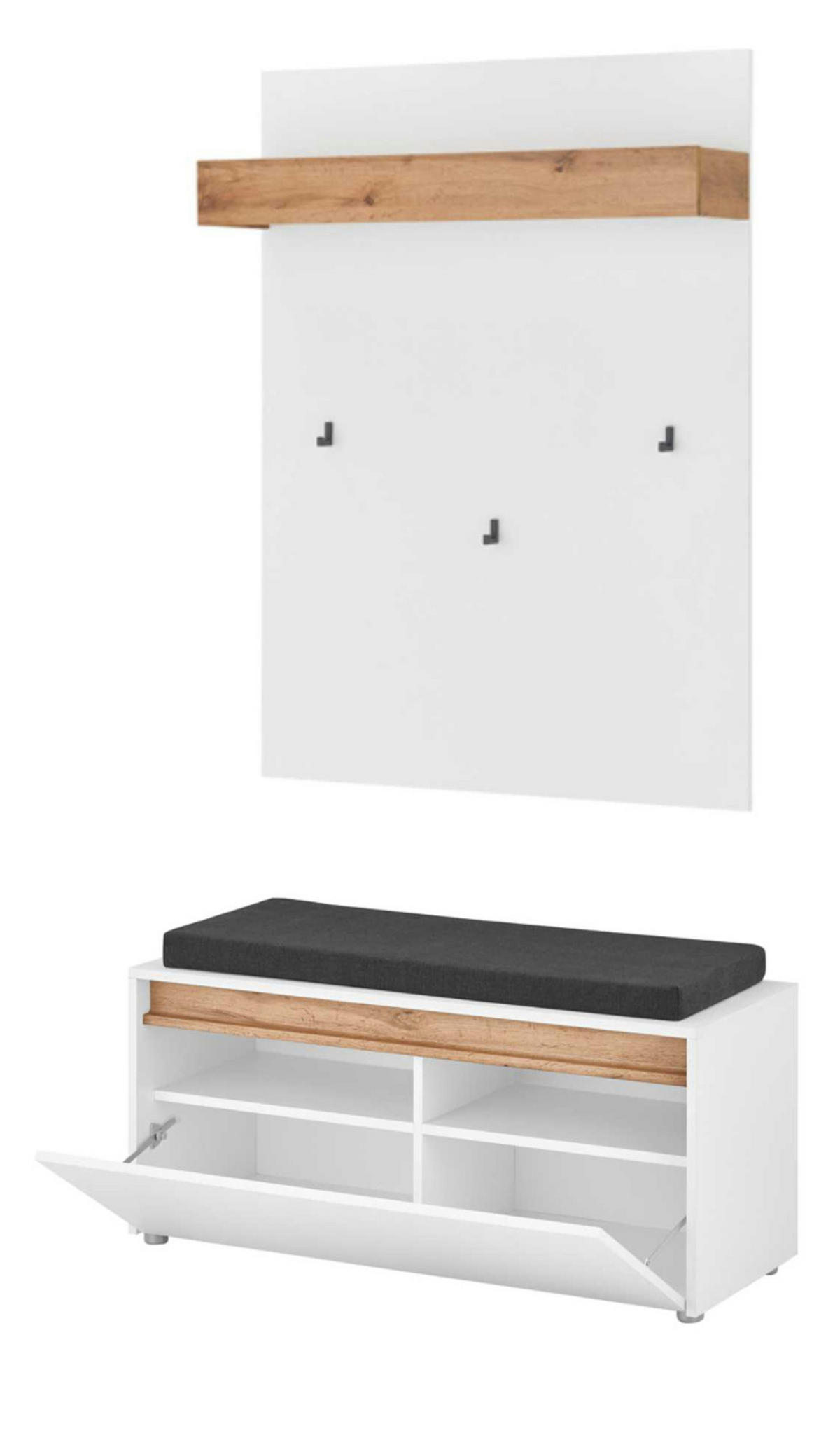 GARDEROBEN-SET 3-teilig weiß, Eiche Wotan 100 cm, Flur Garderobe inklusive Sitzkissen - Silberfarben/Eiche Wotan, Holzwerkstoff/Kunststoff (100/200/40cm) - Furn.Design