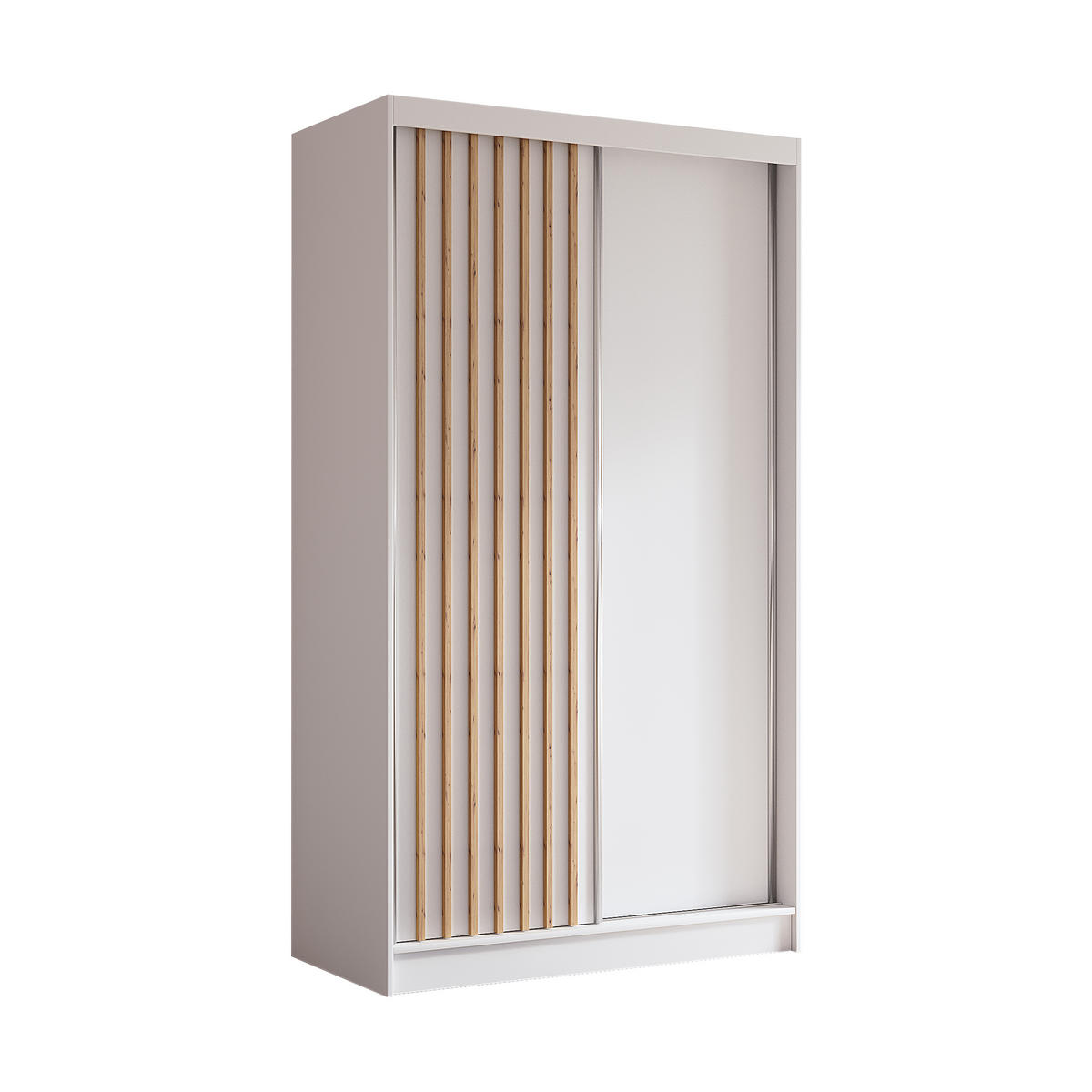 KLEIDERSCHRANK mit furnierten Schiebetüren und Aluminium-Leisten, LED-Beleuchtung - LABELO - 120 cm Weiß+Weiß+Artisan - Weiß/Eiche Artisan, Holzwerkstoff (120/216/61cm) - ALTDECOR