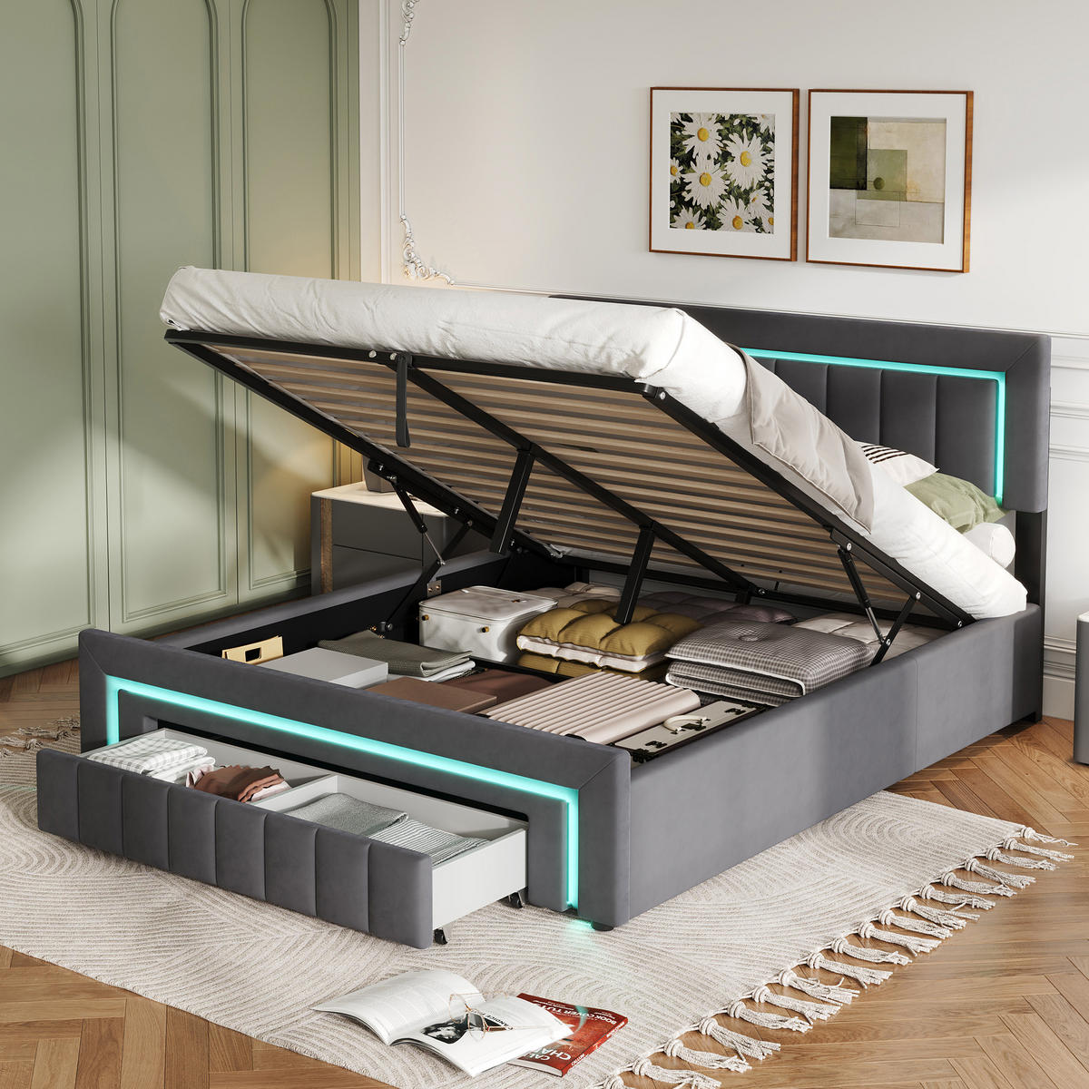 POLSTERBETT 140/190 cm mit hydraulischem Bettkasten, Schublade mit Rollen, LED-Beleuchtung, Grau - Grau, Textil (140/190cm) - Redom