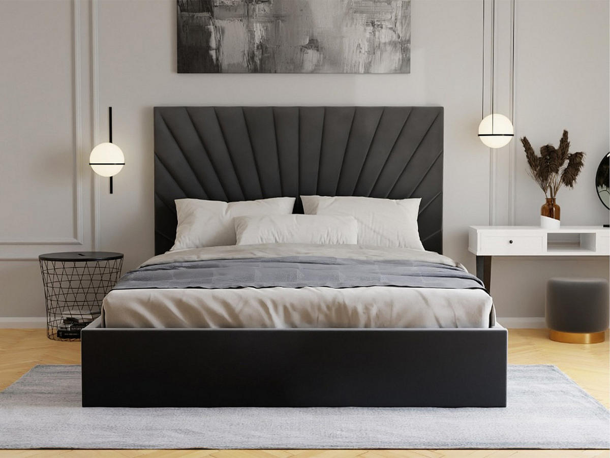 BETT mit Bettkasten - 2 Personen - Samt, Stoff - Anthrazitgrau - - Anthrazit, Textil (180/200cm) - Vente-Unique