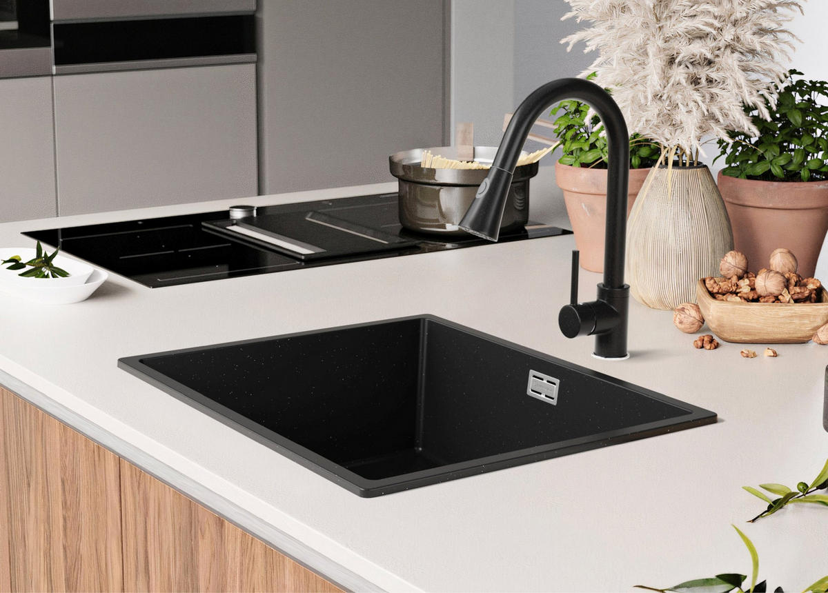 SPÜLBECKEN London Slim, 2-er set Schwarz Metallic 56/47 cm 1 Becken + Ablauf-Set ab 60er Unterschrank - Chromfarben/Schwarz Hochglanz, Kunststoff (56/20/47cm) - Primagran