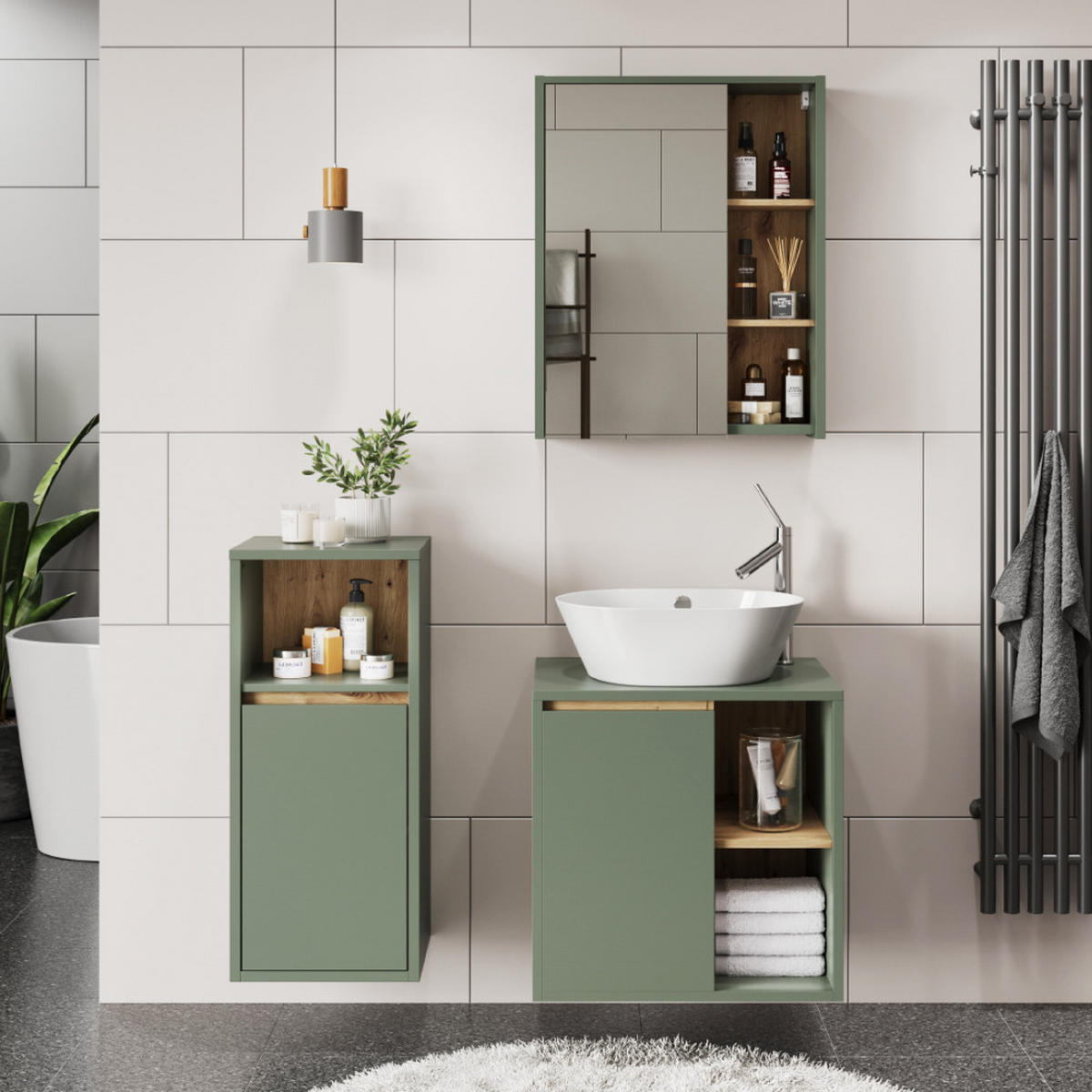 SADA KOUPELNOVÉHO NÁBYTKU Viola Zelená/umělecká - dub artisan/zelená barva, kompozitní dřevo (60/60/45.5cm) - Vicco