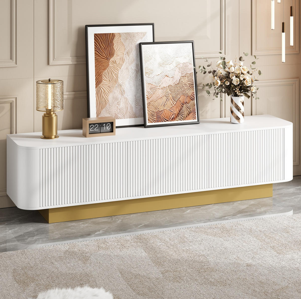 TV ormarić 170/40,5/47 cm bijeli od MDF-a i iverice s 3 vrata i vođenjem kabela - bijela, drvni materijal (170/47/40.5cm) - OKWISH