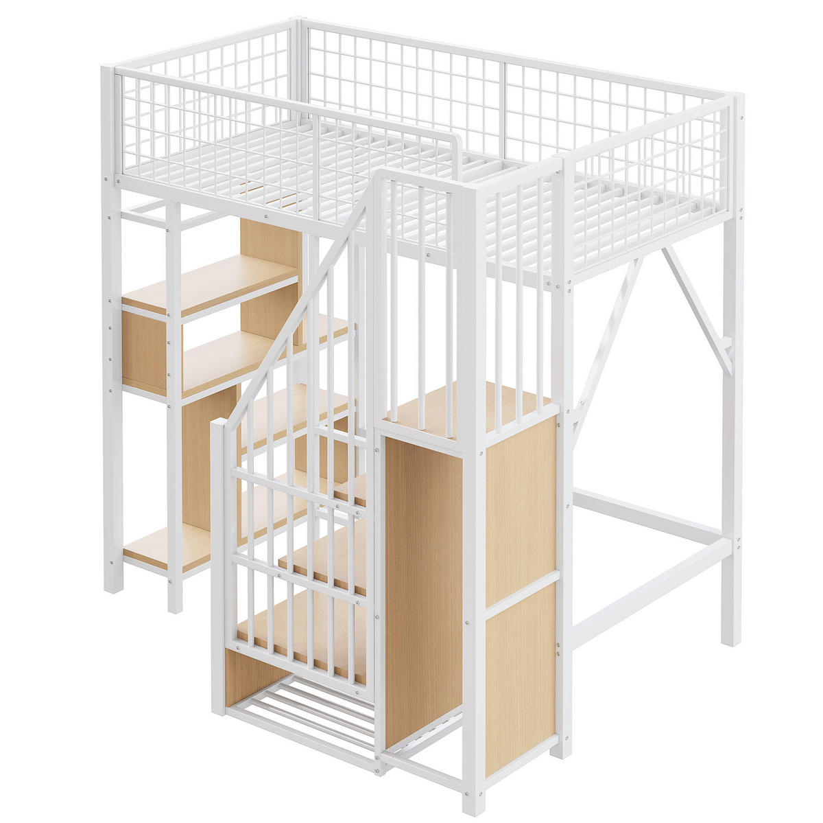 HOCHBETT 90/200 cm Weiß mit Stauraumtreppe und Stauraum - Weiß, Metall (90/200cm) - MIVRAY
