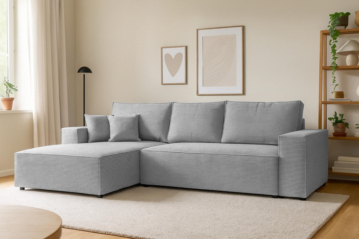 ECKSOFA MARCO 294/185 in Cord Hellgrau mit Schlaffunktion links - Hellgrau, Holz/Holzwerkstoff (294/185cm) - Deine Möbel 24