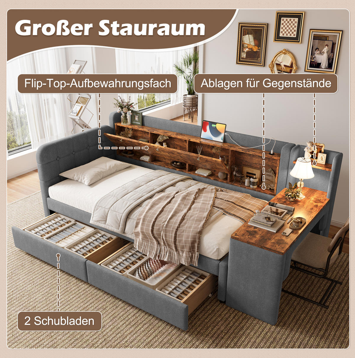 POLSTERBETT 90/200 cm Grau aus Leinen mit Schreibtisch und 2 Schubladen - Grau, Textil (90/200cm) - OKMYHOME