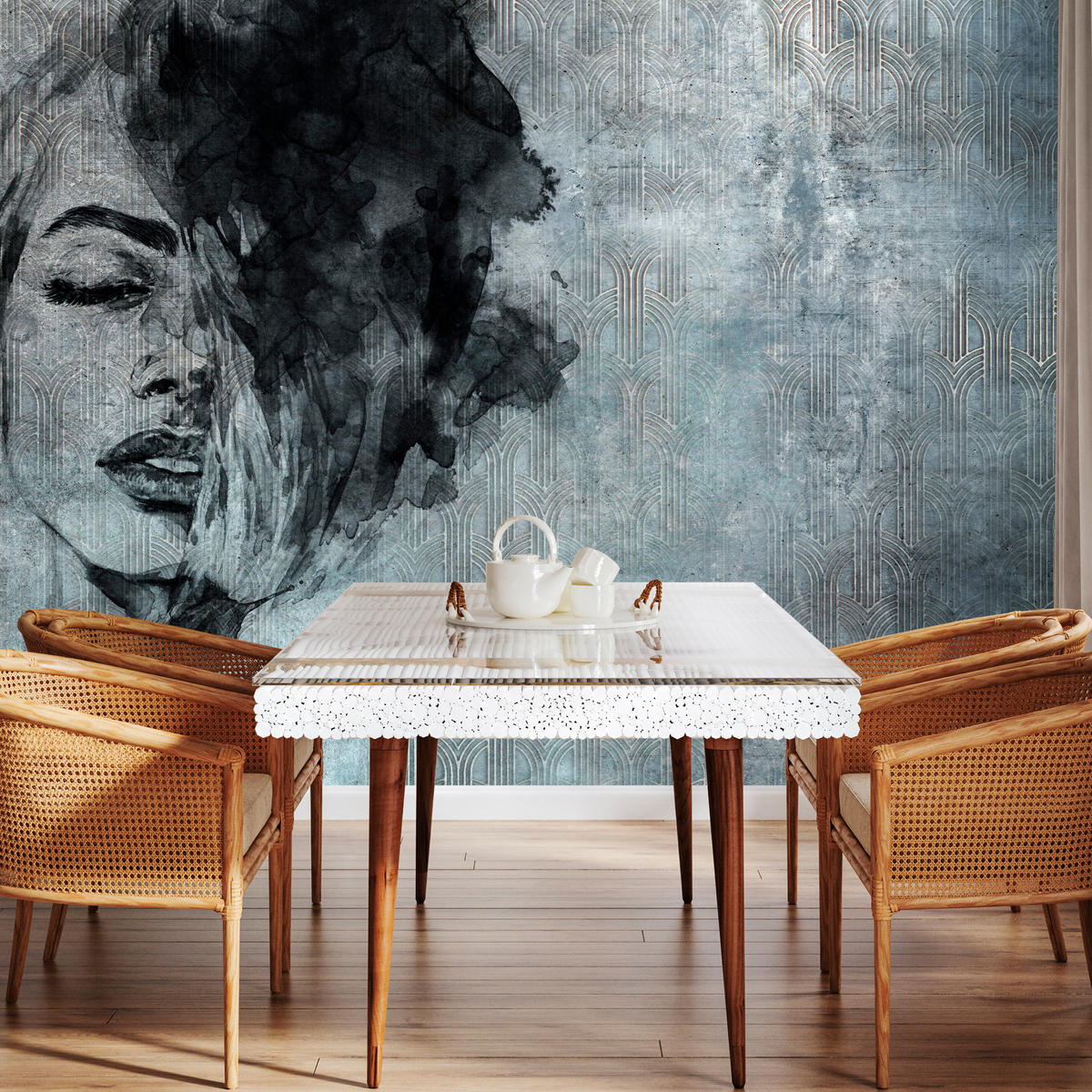 FOTOTAPETE für Wohnzimmer Abstrakte Beton Ornament Frau Porträt 100x70 - Grau, Papier (100/70cm) - Muralo